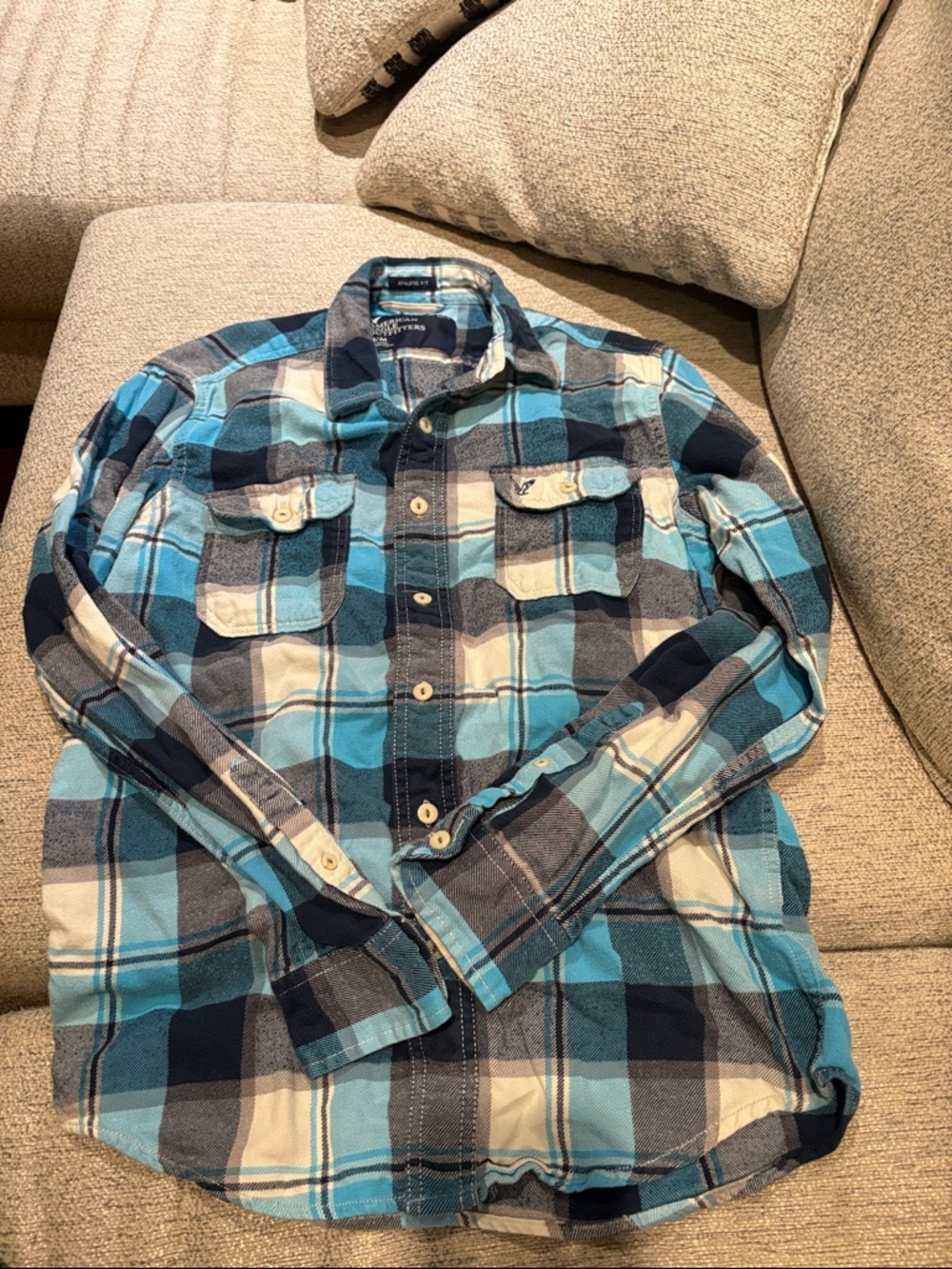 American Eagle Outfitters Teal and Navy Plaid Flannel Shirt